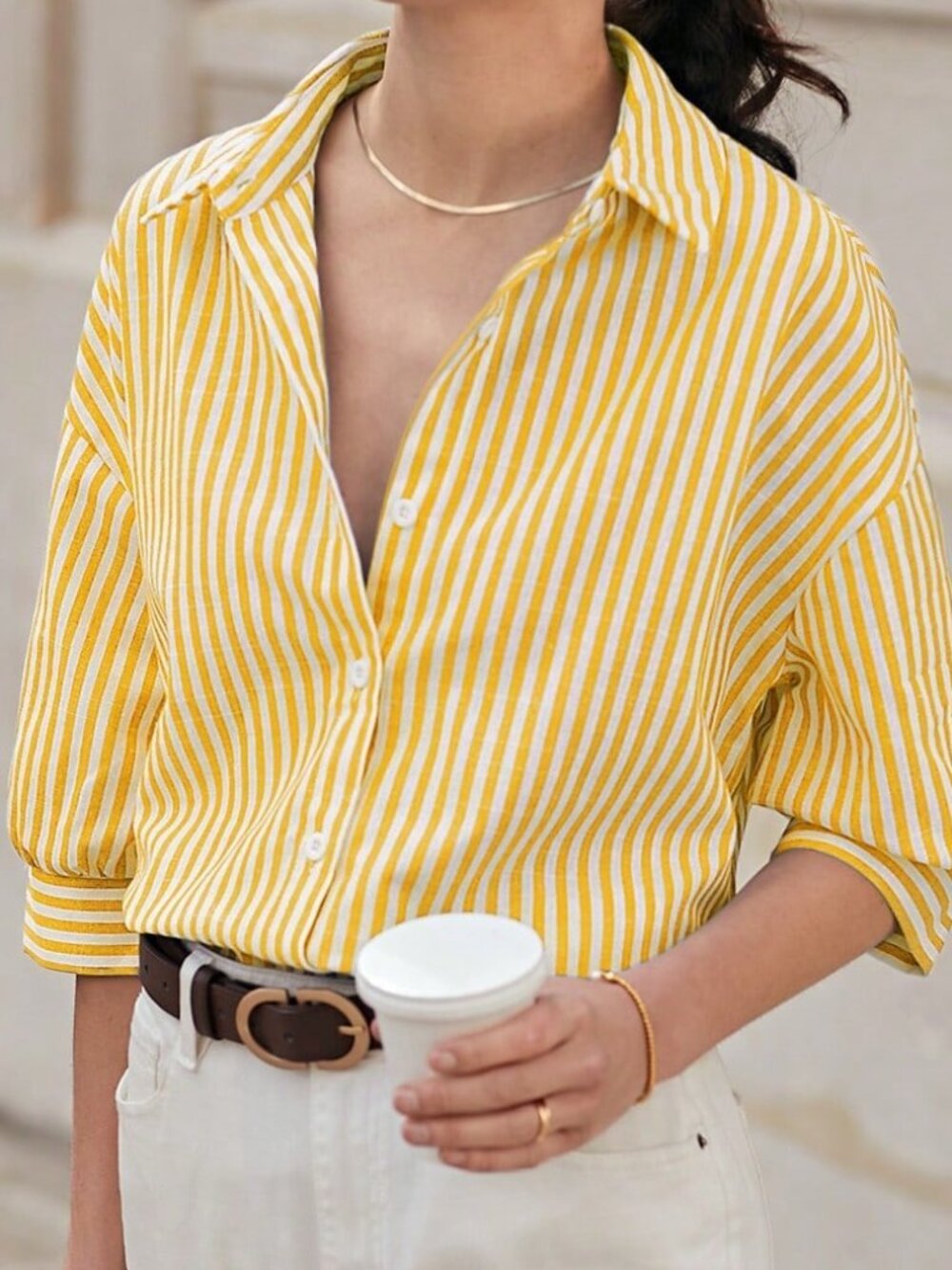 Multi-color Drop Shoulder Women's Long Sleeve Striped Casual Button-Down Shirt - Picture 4 of 6